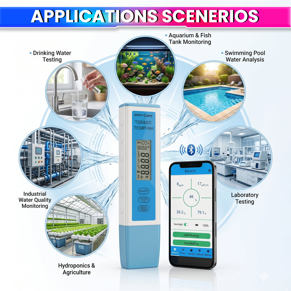 4-in-1 Bluetooth Water Quality Tester | Digital TDS & EC Meter with Temp & Humidity Monitoring | App Connected
