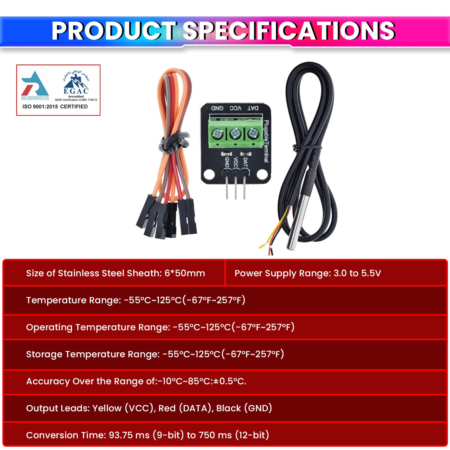 Waterproof Temperature Sensor Module Kit with Stainless Steel Probe & Terminal Adapter High-Precision Digital Sensor
