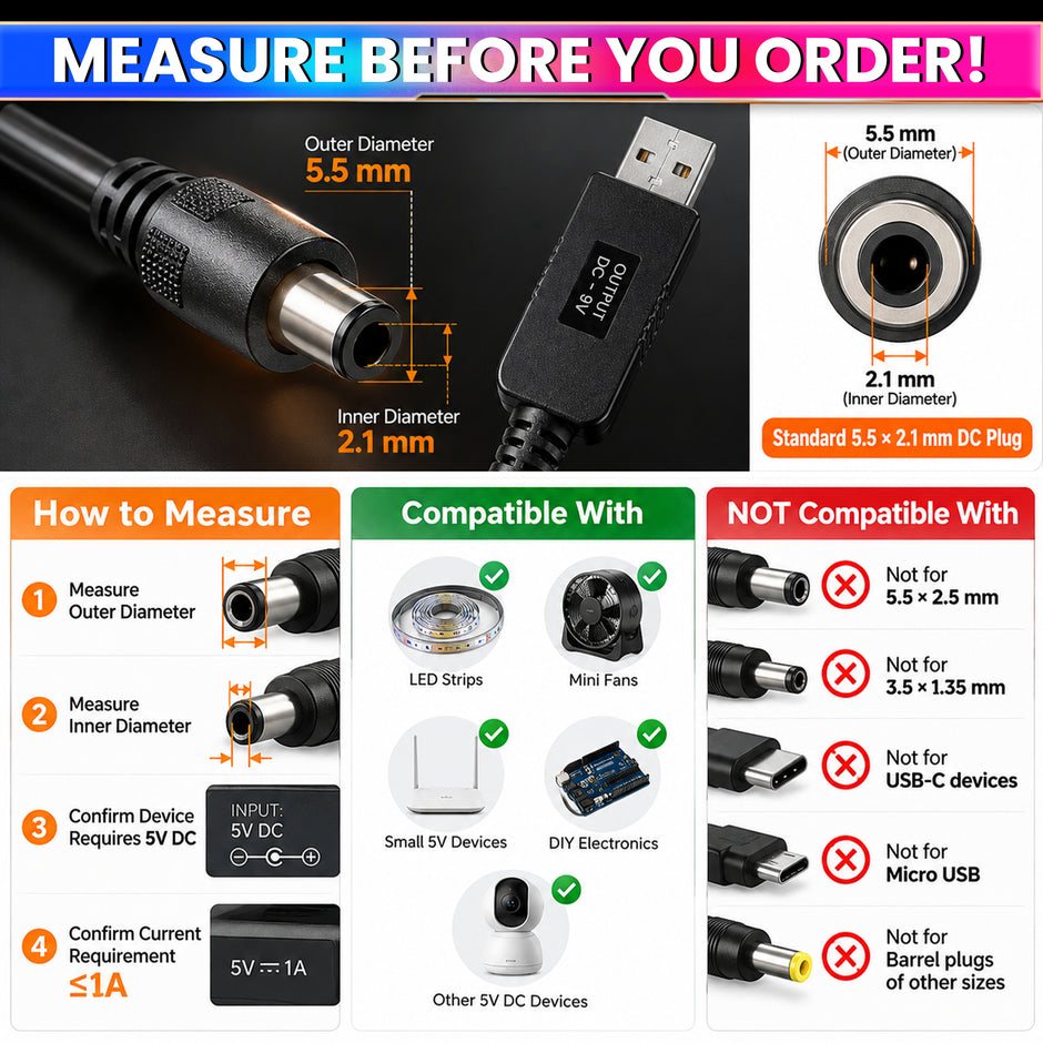 USB 5V to 9V/12V Boost Converter Cable with Voltage Selector | 0.8M Cable | 3.5mm & 5.5mm DC Plugs