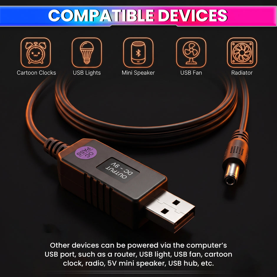 USB 5V to 9V/12V Boost Converter Cable with Voltage Selector | 0.8M Cable | 3.5mm & 5.5mm DC Plugs