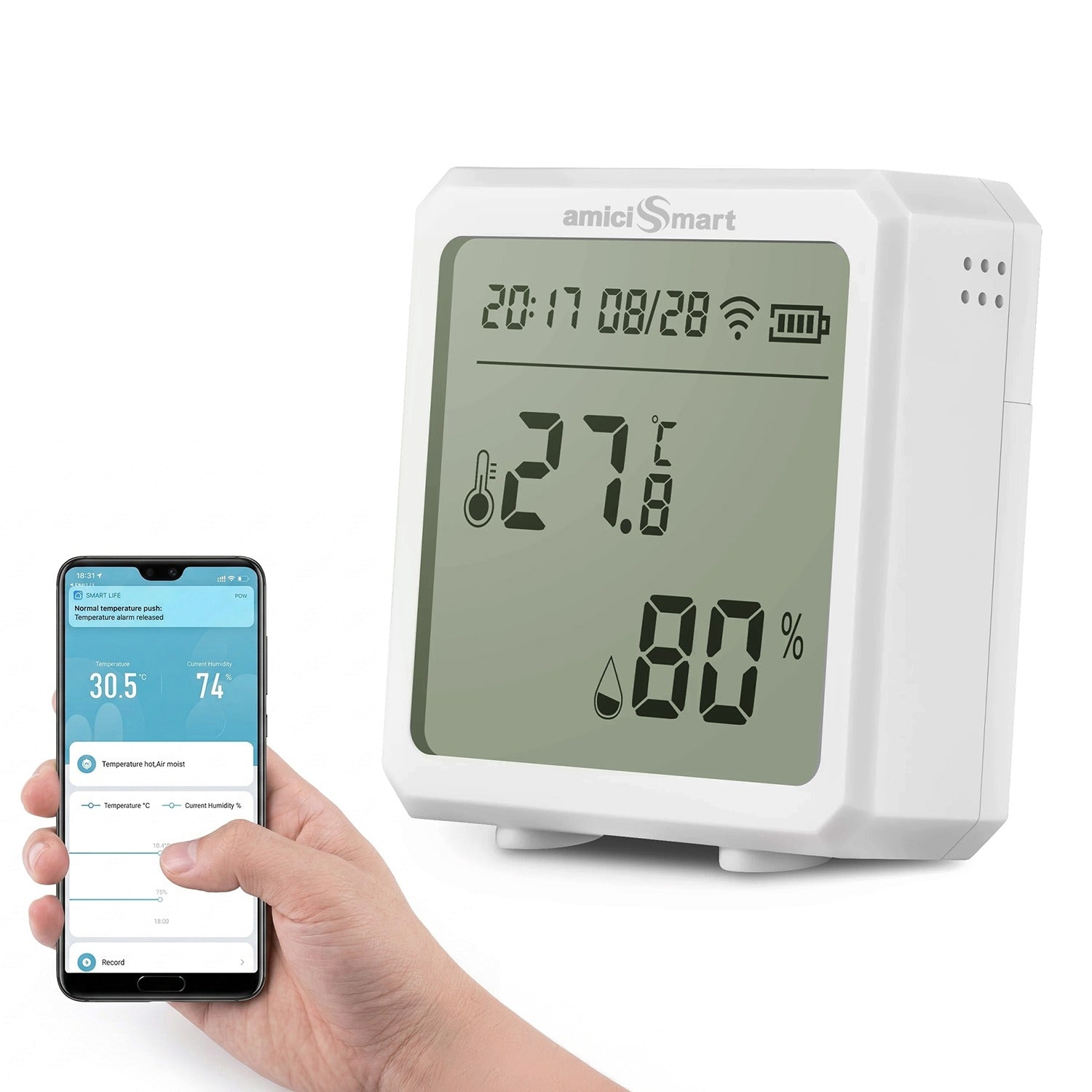 WiFi Temperature Humidity Monitor Smart Thermo-Hygrometer Sensor with App Control and Built-In Alarm