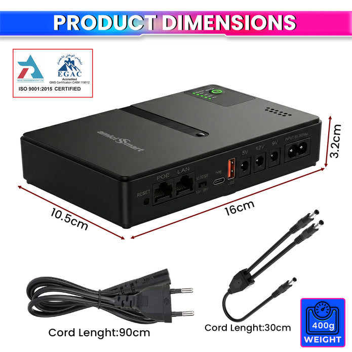 10400mAh Mini UPS for WiFi Routers, CCTV, USB & POE Devices | Smart Power Backup with Surge Protection