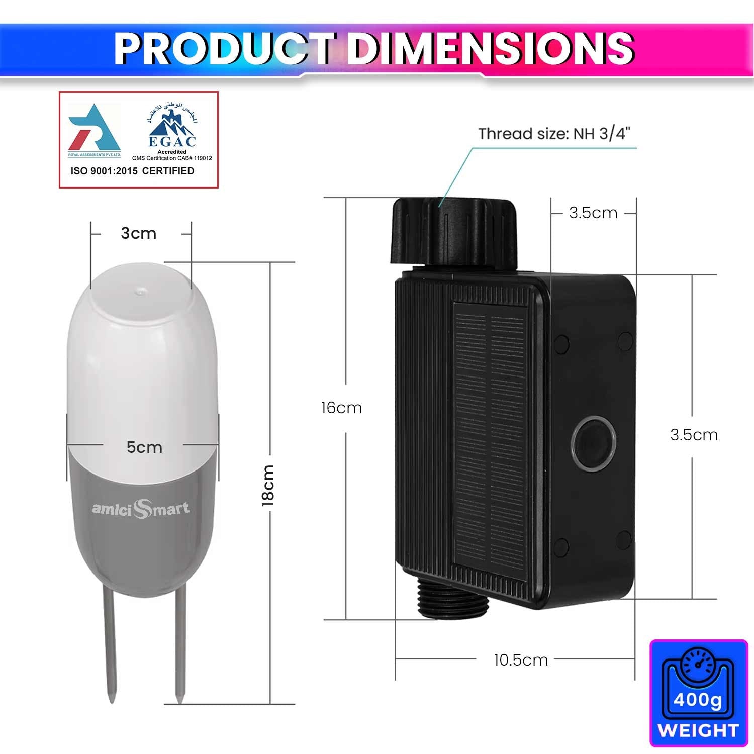 WIFI Smart Solar Water Timer & Irrigation Controller with DN20 Valve & Soil Moisture & Temperature Sensor, IP65 Waterproof, Solar +Type-C Rechargeable