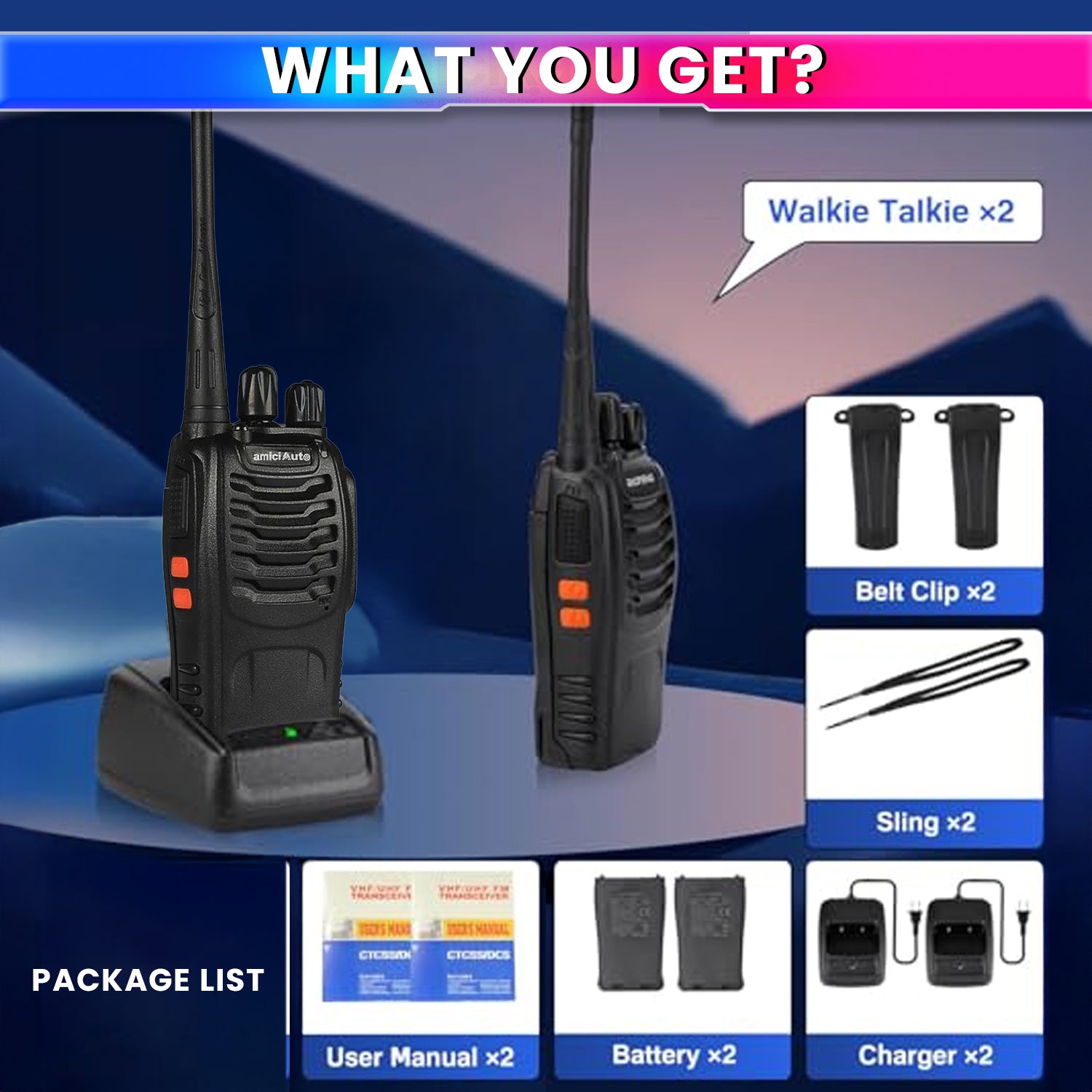 Walkie Talkie 2-Way Radio with 16 Channel Rechargeable Handheld Transceiver with Flashlight & Low Battery Alarm