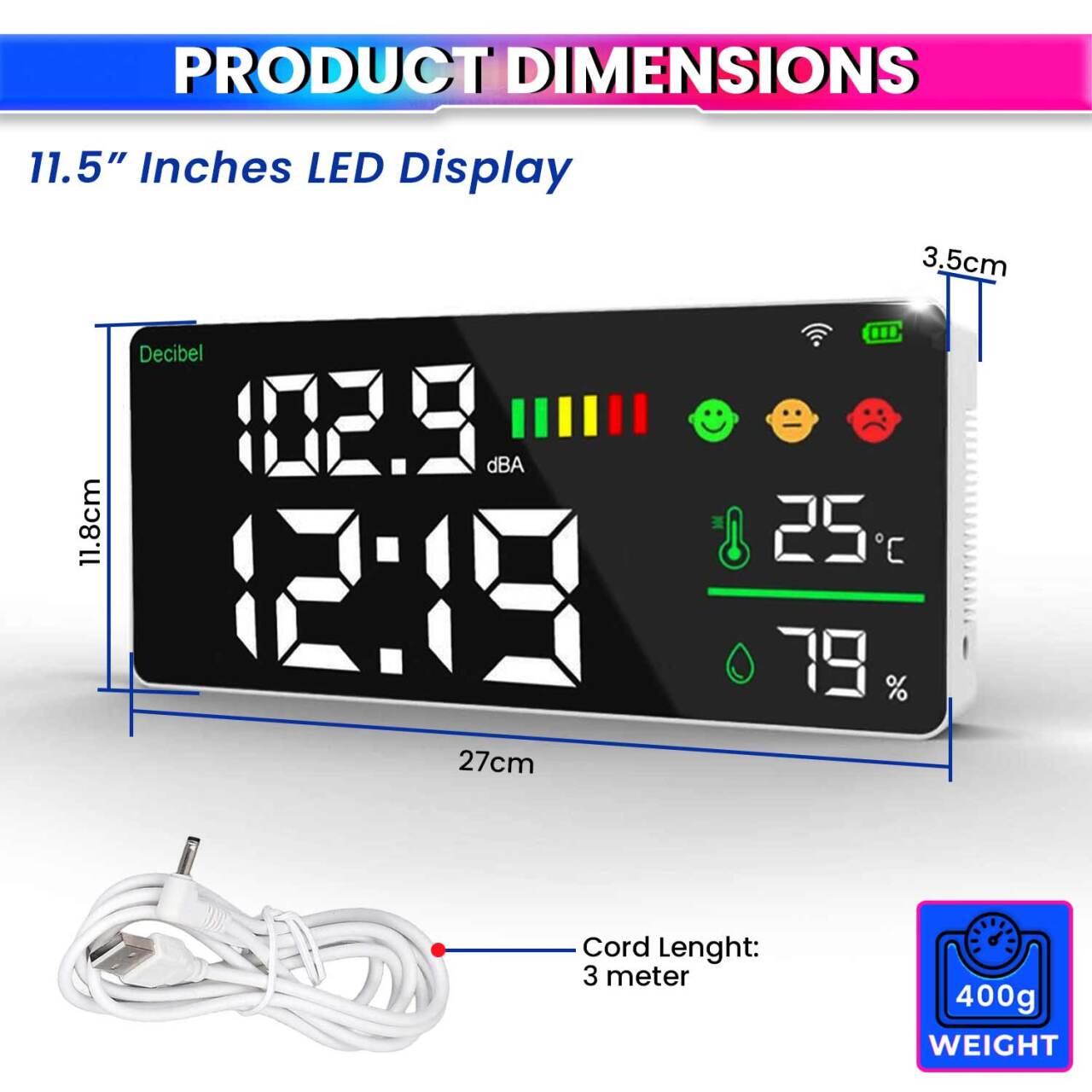 Smart WiFi Air Quality & Noise Monitor – PM2.5, CO₂, Noise (dB), Temperature & Humidity with LED Clock Display amiciKart