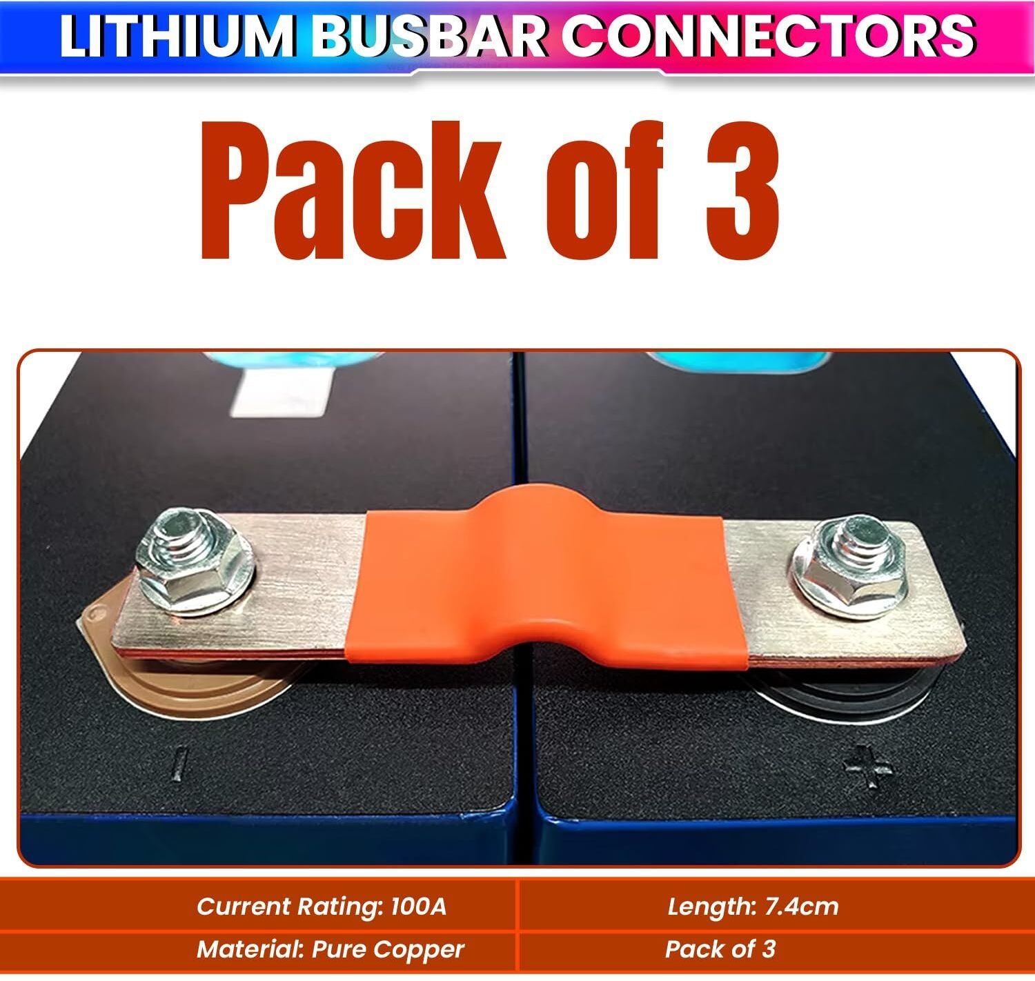 100A Pure Copper Flexible Busbar Battery Connector for LiFePO4 Lithium Batteries ( pack of 3 )