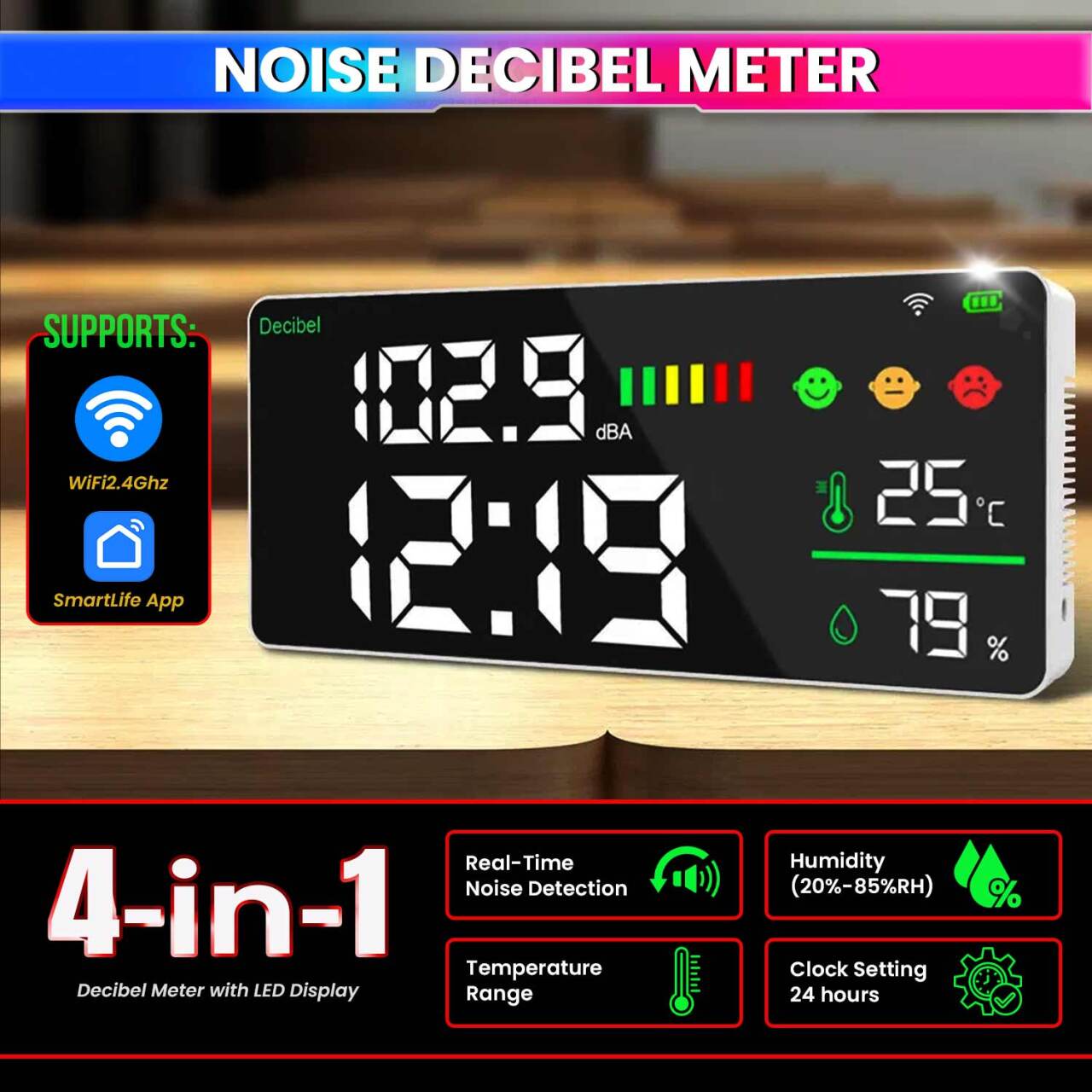 Smart WiFi Air Quality & Noise Monitor – PM2.5, CO₂, Noise (dB), Temperature & Humidity with LED Clock Display amiciKart
