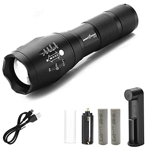 amiciVision Metal LED Flashlight, XHP50 Water Resistant Zoomable Torch with 5 Lighting Modes for Camping,Hiking with 2x18650 Battery & Battery Charger
