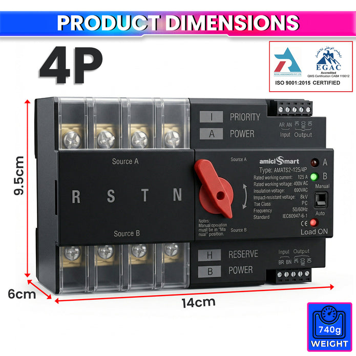 125A Dual Power Automatic Control Transfer Switch (3-Phase) Auto & Manual Mode