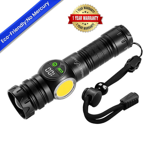Tactical Flashlight with COB, Digital Display, Magnetic Tail, Rechargeable Power Bank, 9 Light Modes