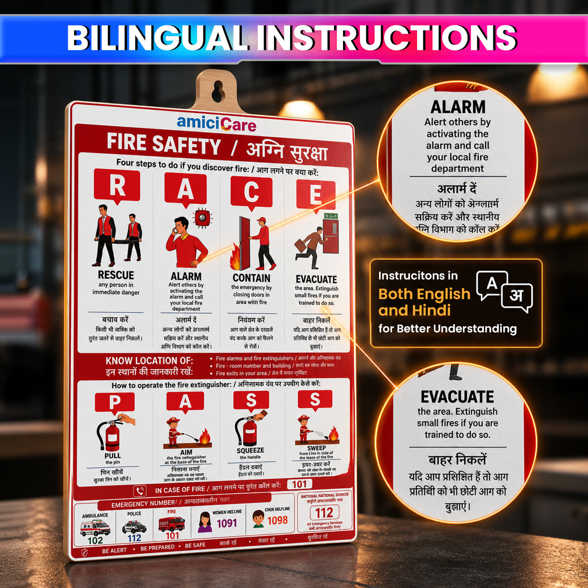 Fire Safety Instruction Sign Board for Home & Office English & Hindi Fire Safety Guide Pack of 4