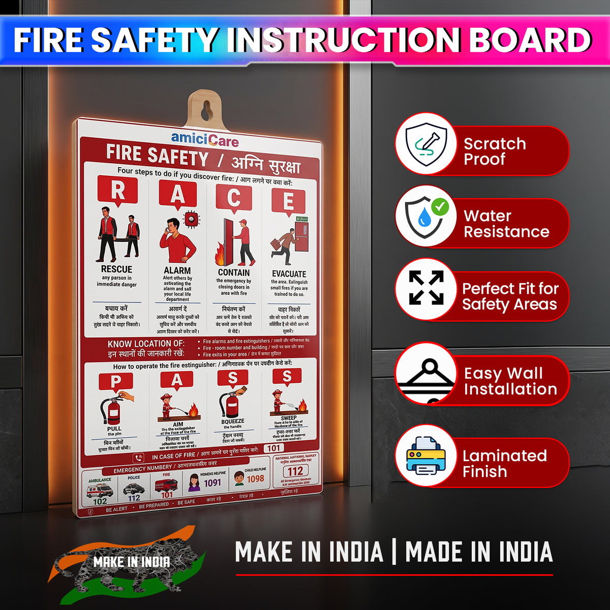 Fire Safety Instruction Sign Board for Home & Office English & Hindi Fire Safety Guide Pack of 4