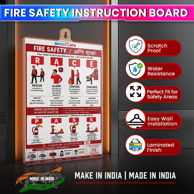 Fire Safety Instruction Sign Board for Home & Office English & Hindi Fire Safety Guide Pack of 4