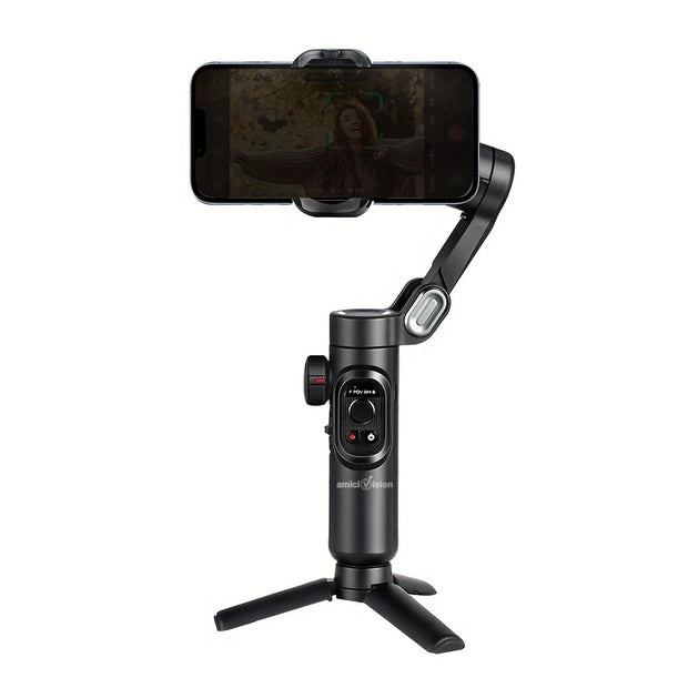 amiciVision 3-Axis Foldable Smartphone Gimbal Stabilizer-2550mAh Battery,Anti-Shake 7.0,Face/Object Tracking,Zoom Wheel,Supports 250g,55–90mm Phones