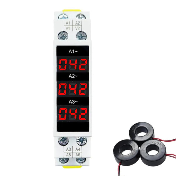 3-in-1 Ammeter | AC 80–500V 100A Current Tester | LED Display | 35mm DIN Rail