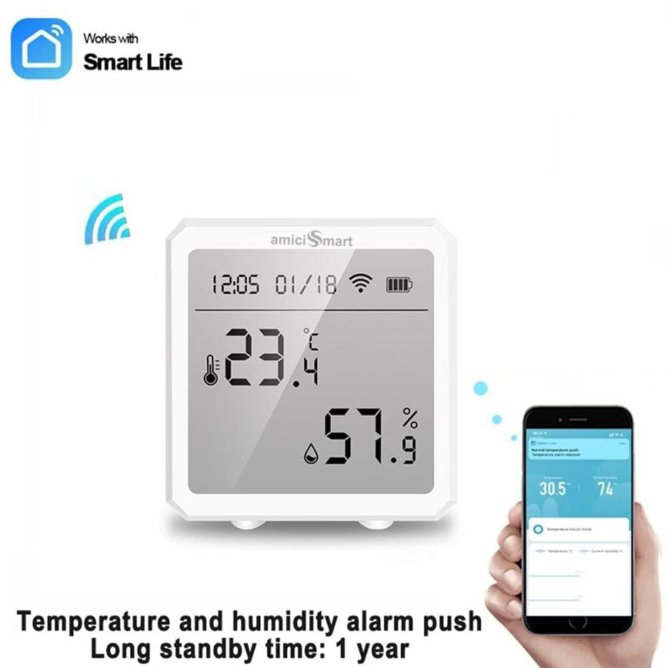 amiciSmart WiFi Temperature Humidity Monitor, Thermometer Hygrometer Sensor with App Control and Built-In Alarm