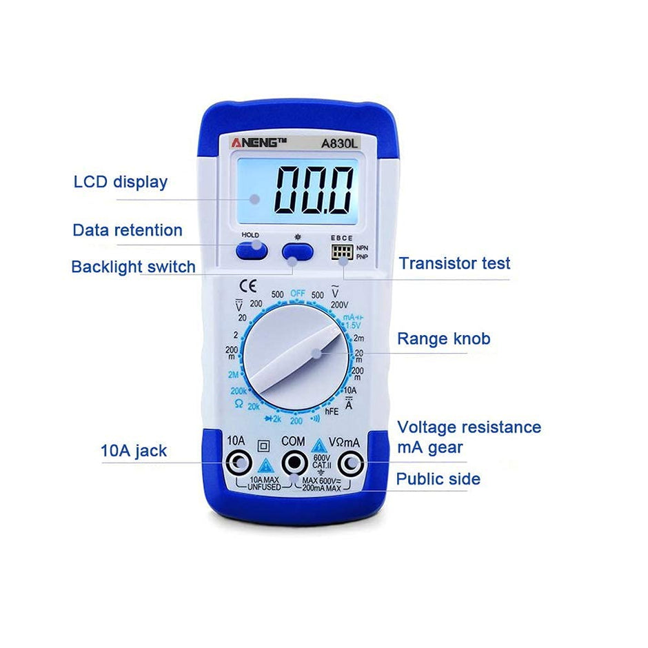 830L Digital Multimeter, 1999 Count AC/DC Voltage, Current, Resistance, Diode, hFE Test with 9V Battery