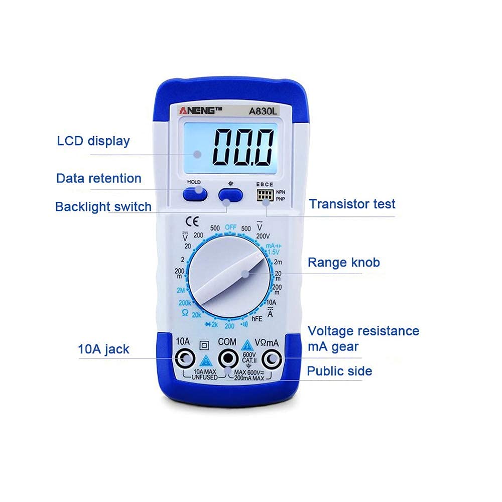 830L Digital Multimeter, 1999 Count AC/DC Voltage, Current, Resistance, Diode, hFE Test with 9V Battery