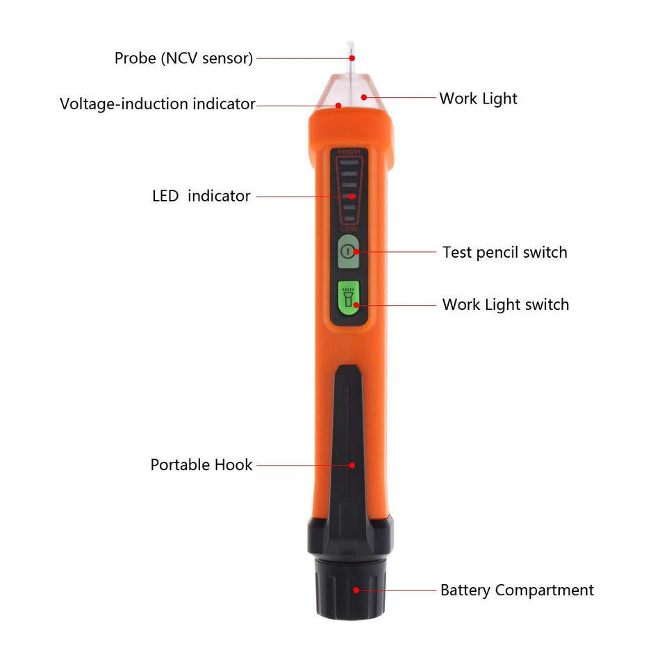 PEAKMETER PM8908C Non-Contact Voltage Tester Pen, 12-1000V AC, 50-60Hz with Work Light