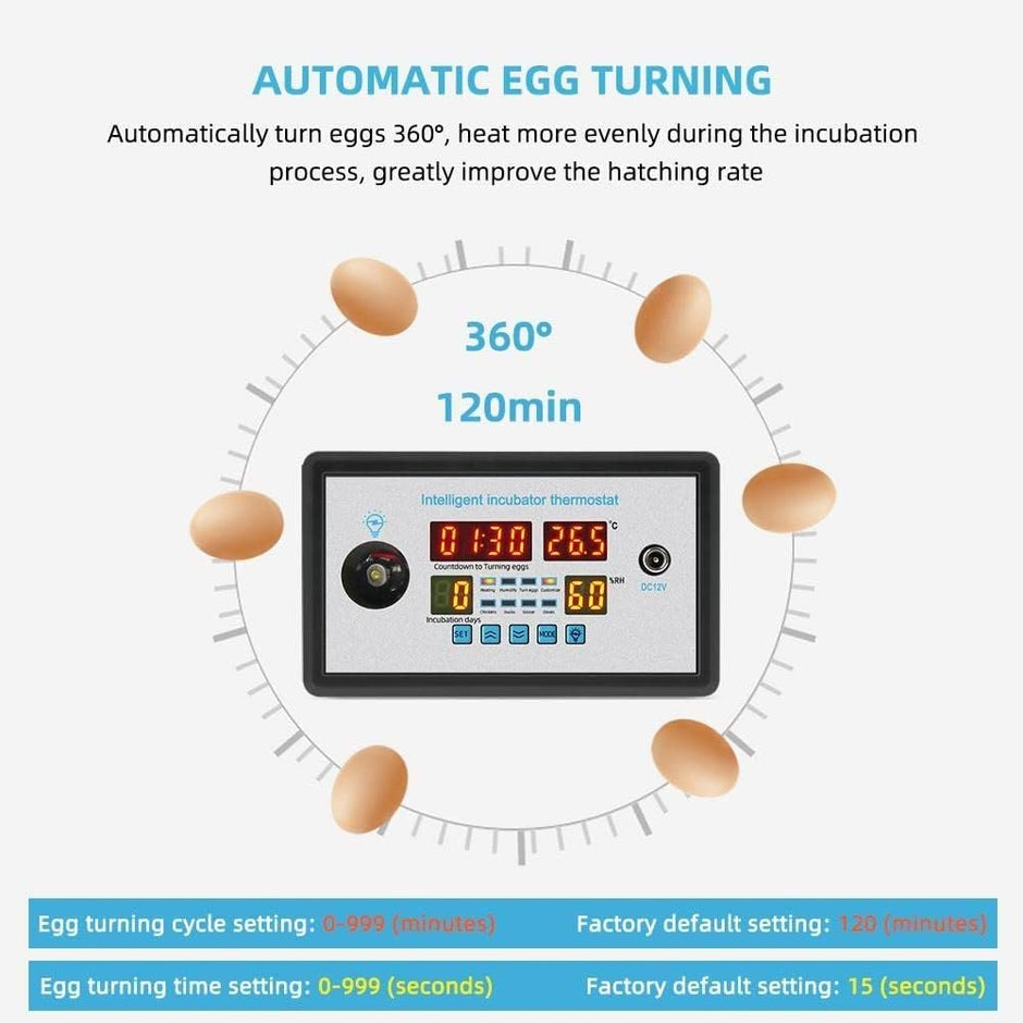 Intelligent Incubator Controller, DC 12V Digital Thermostat for Incubation, Hatching & Brooding with NTC Sensor & Egg Light