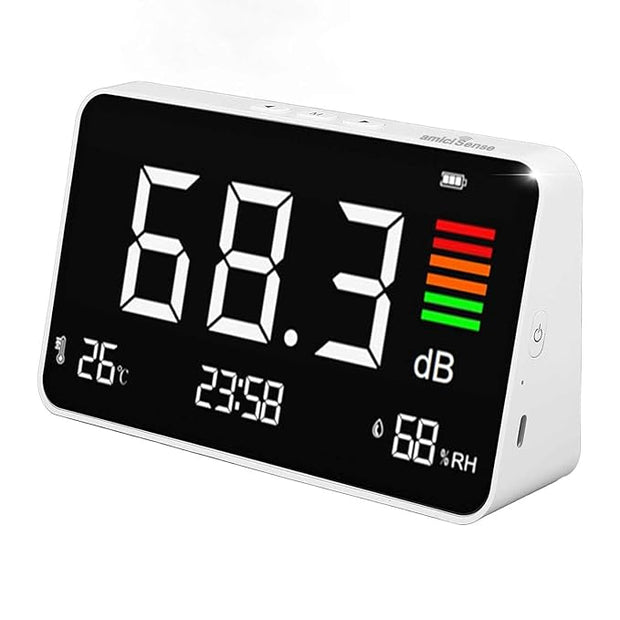 4-in-1 Decibel Meter – 30–130 dBA Sound Level with LED Display, Temp, Humidity & Clock