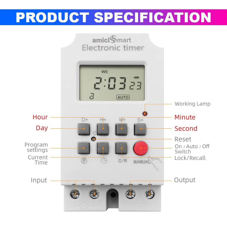 amiciSmart Programmable Timer Switch, High Precision Automatic On Off Switch for Light, Fan with Minimum Set Interval of 1sec (220VAC, 25A)