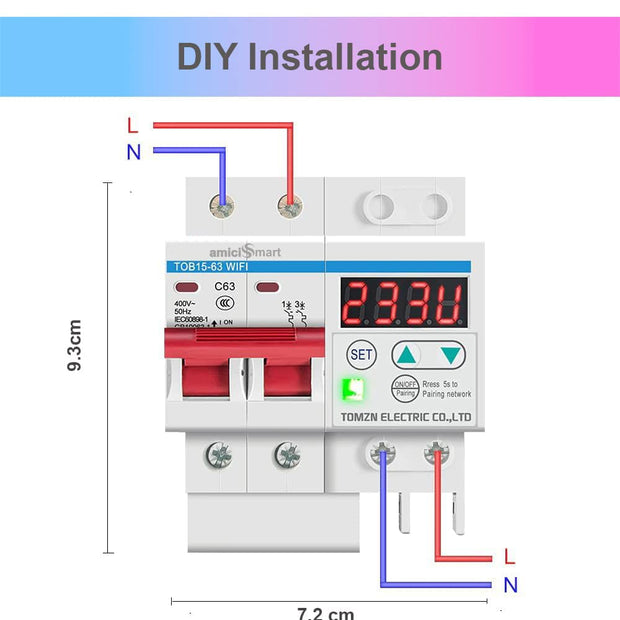 WiFi MCB Circuit Breaker 63A with Timer, Over/Under Voltage, Overcurrent & Short Circuit Protection, Alexa Compatible amiciKart