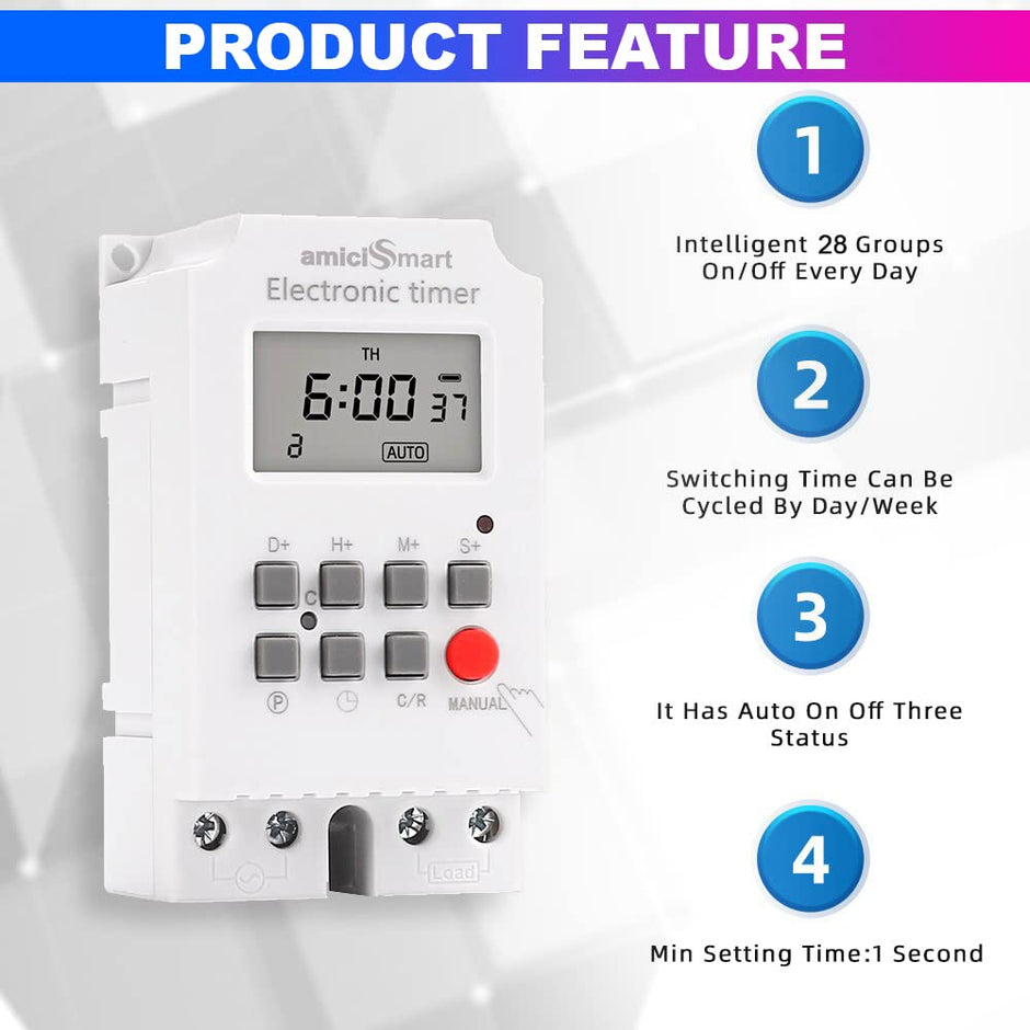 amiciSmart Programmable Timer Switch, High Precision Automatic On Off Switch for Light, Fan with Minimum Set Interval of 1sec (220VAC, 25A)