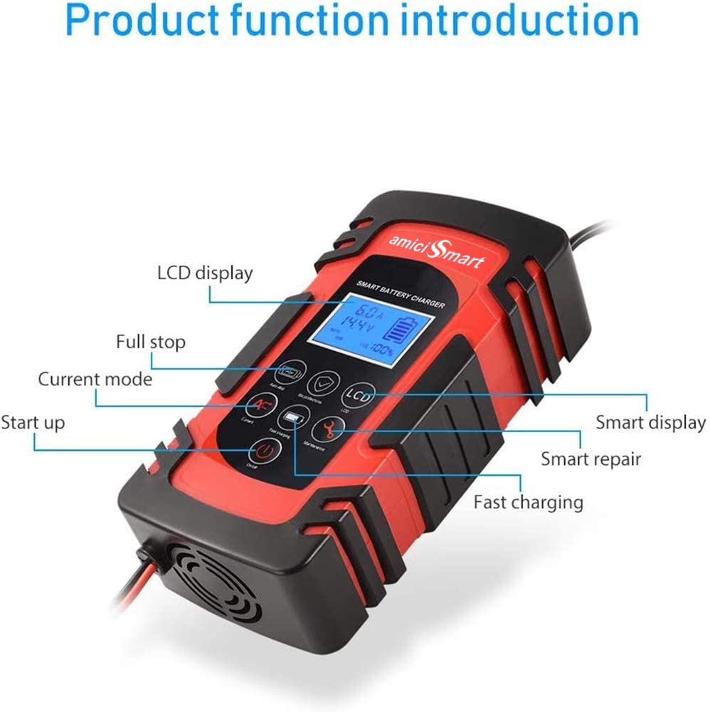 8A Automatic Car Battery Charger, 4-Stage Intelligent Battery Maintainer (12V/24V-Lead Acid Battery)