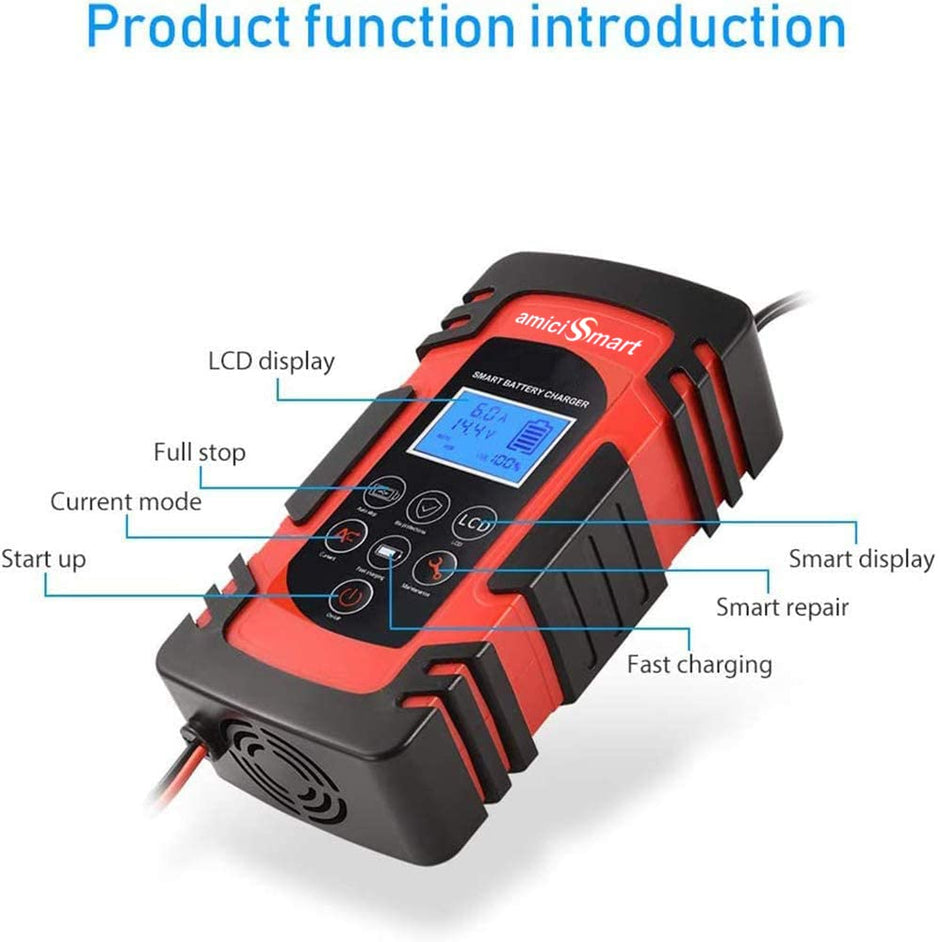 8A Automatic Car Battery Charger, 4-Stage Intelligent Battery Maintainer (12V/24V-Lead Acid Battery)