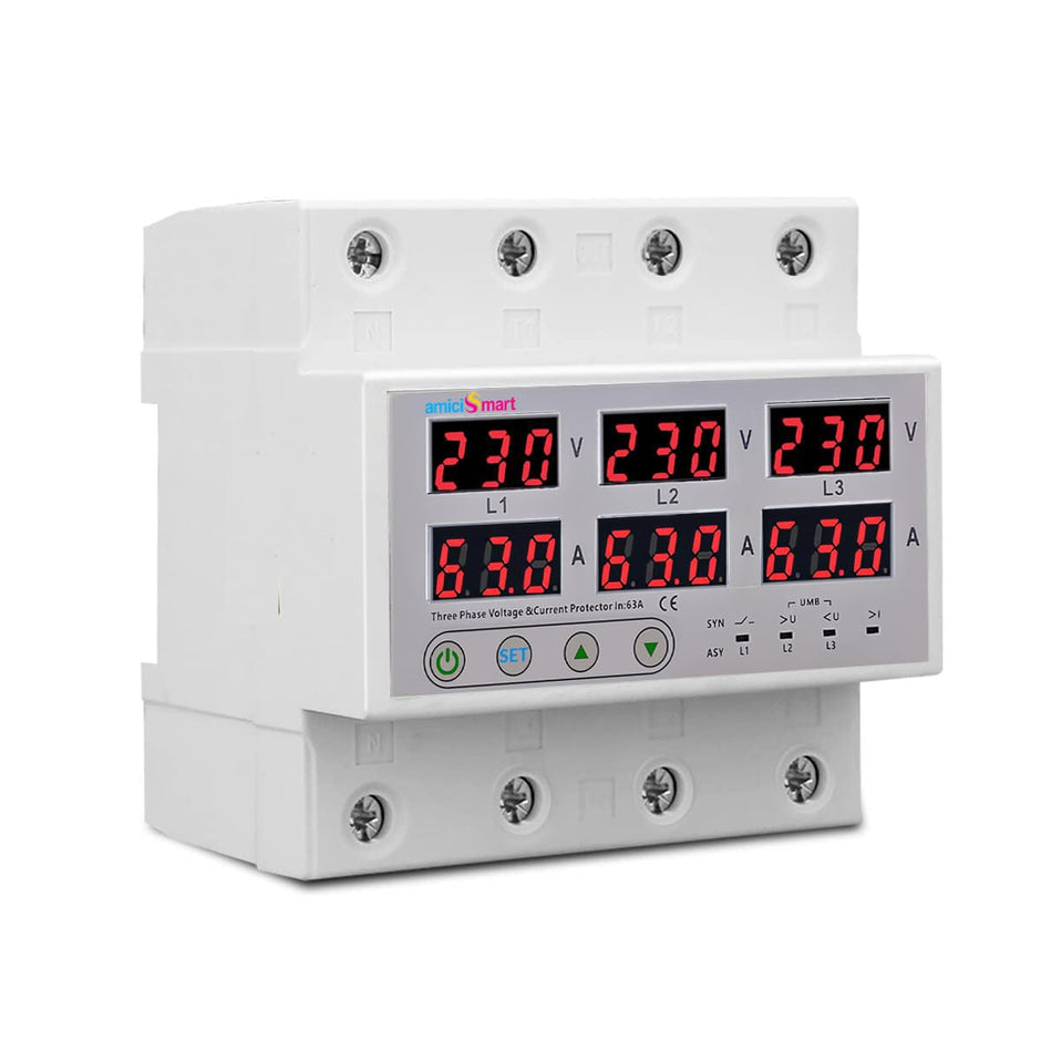 3-Phase Automatic Voltage Protector 63A Over/Under Voltage, Overcurrent & Phase-Imbalance Protection with Auto-Reconnect amiciKart