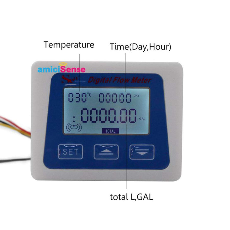 amiciSense Flow Meter, Digital Display Quantitative Controller with G1/2 Sensor, Stop Valve, Power Adapter for Water, Oil, etc. (For All Liquids)