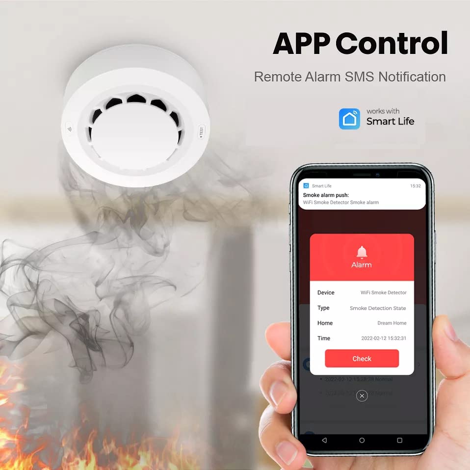 amiciSmart WiFi Smoke Detector, Fire Alarm Sensor SmartLife App Compatible for Home Protection with Test Function, Battery Operated