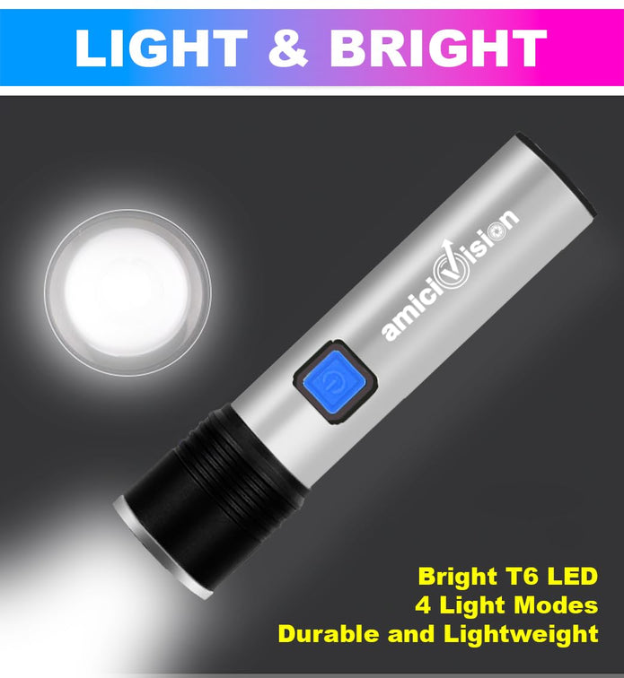 USB-Rechargeable LED Flashlight T6 LED with 4 Modes Zoomable Powerful Torch Ultra-Bright & Water-Resistant