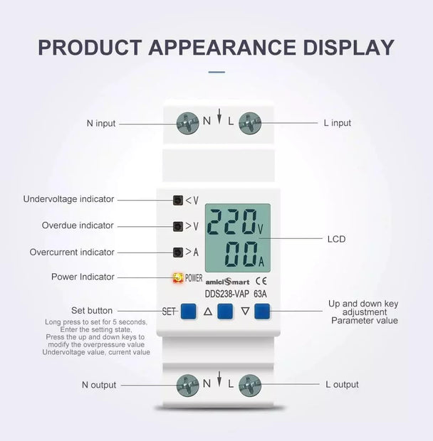 Advance Over Under Voltage Protection With Over Current/Load Protection, Digital Energy Meter 63A, 230V DIN Rail Mounted