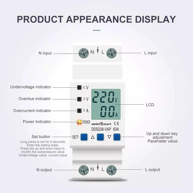 Advance Over Under Voltage Protection With Over Current/Load Protection, Digital Energy Meter 63A, 230V DIN Rail Mounted