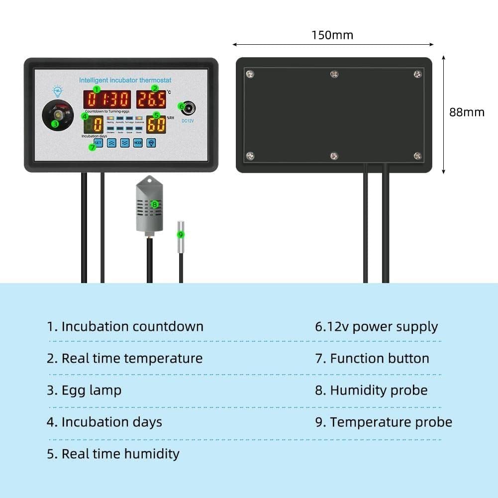 Intelligent Incubator Controller, DC 12V Digital Thermostat for Incubation, Hatching & Brooding with NTC Sensor & Egg Light