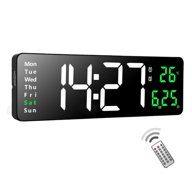 Remote Controlled LED Wall Clock - Day Date Month Temperature Display | Dual Alarm