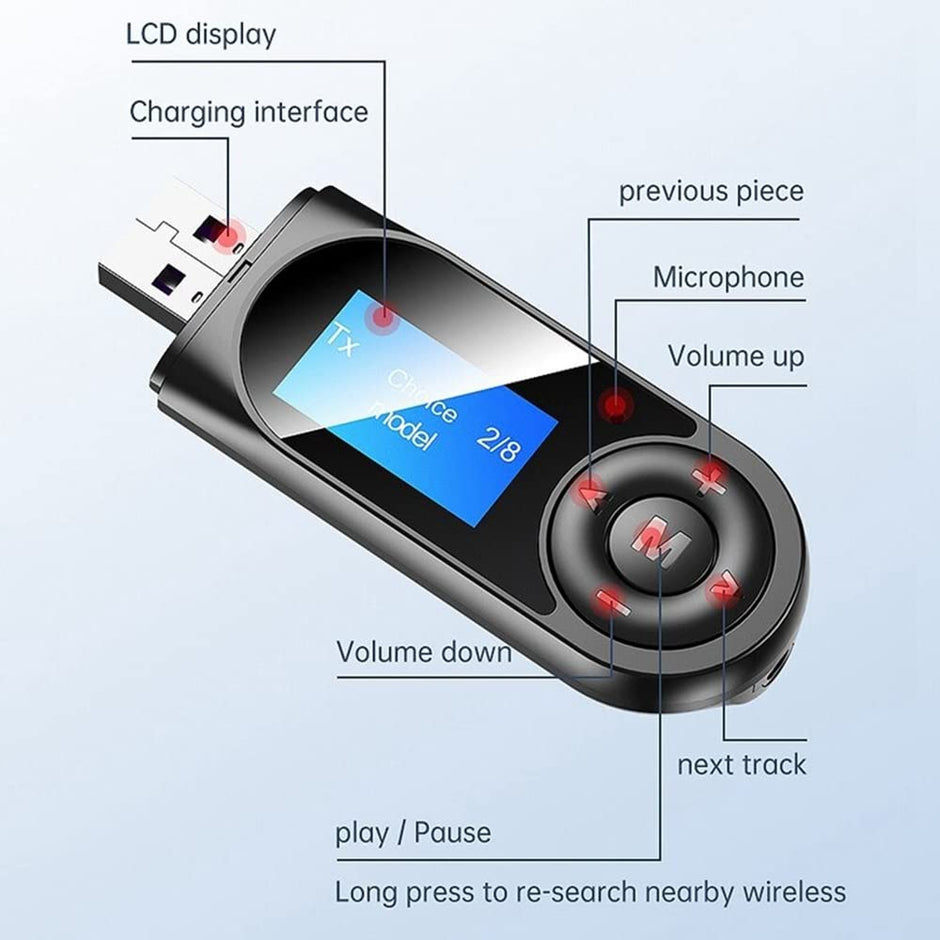 5.0 Bluetooth Transmitter & Receiver with LCD & Mic, 3.5mm AUX Wireless Dongle for Car/Phone