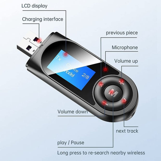 5.0 Bluetooth Transmitter & Receiver with LCD & Mic, 3.5mm AUX Wireless Dongle for Car/Phone