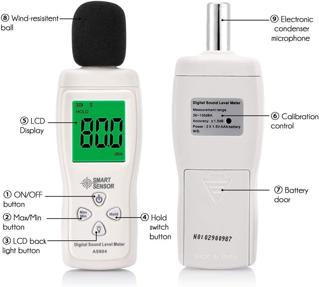 amiciSense Digital Sound Level Meter, Decibel Meter 30-130db Audio Noise Measuring Device Backlit, Max/Min, Auto Shut with 3xAAA Battery (Included)