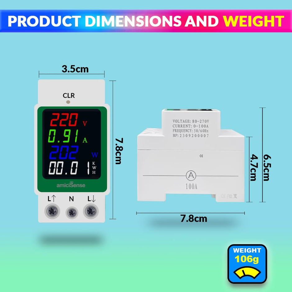 AC Digital Energy Meter 100A 6-in-1 DIN Rail Power Meter Voltage, Curr ...