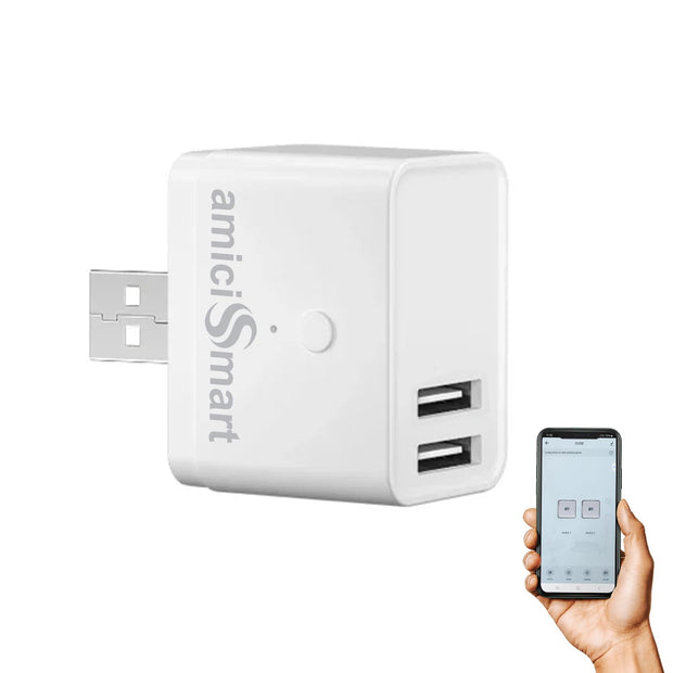 Mini USB Adapter Switch with 2 USB Ports ? Voice Assistant & SmartLife App Compatible, Timer Function for Automated Control amiciKart