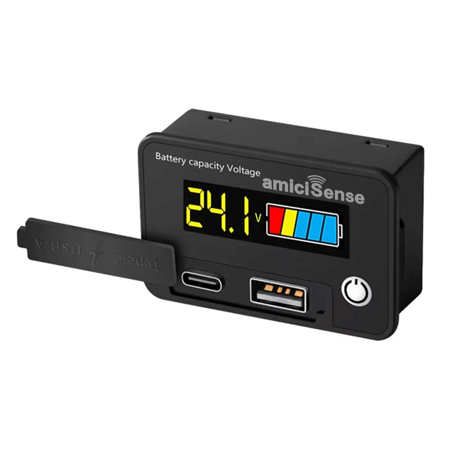 8–30V Battery Capacity Meter with USB/Type-C for 12V/24V LiFePO4 & Lead-Acid – Car/Bike Use