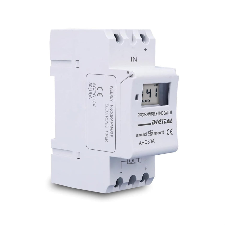 amiciSmart Digital Programmable Timer Switch Relay in-Built 7 Days Schedule, DIN Rail Mounted 30A, DC 12V