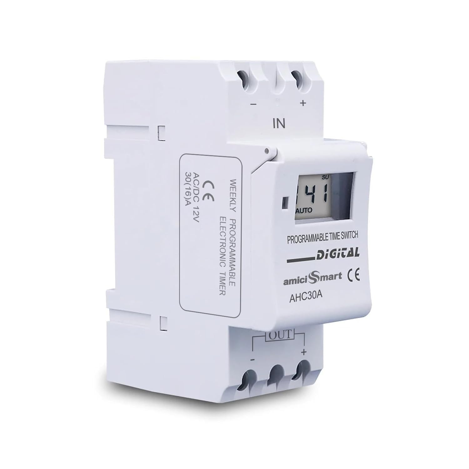 amiciSmart Digital Programmable Timer Switch Relay in-Built 7 Days Schedule, DIN Rail Mounted 30A, DC 12V