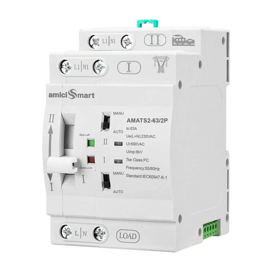63A Dual Power Automatic Control Transfer Switch, 230VAC Single-Phase Changeover Switch