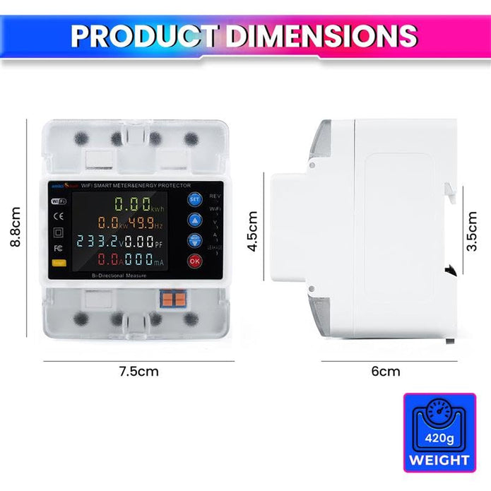WiFi Bi-Directional Energy Meter Over/Under Voltage, Overload & Leakage Protection with Auto Reconnect