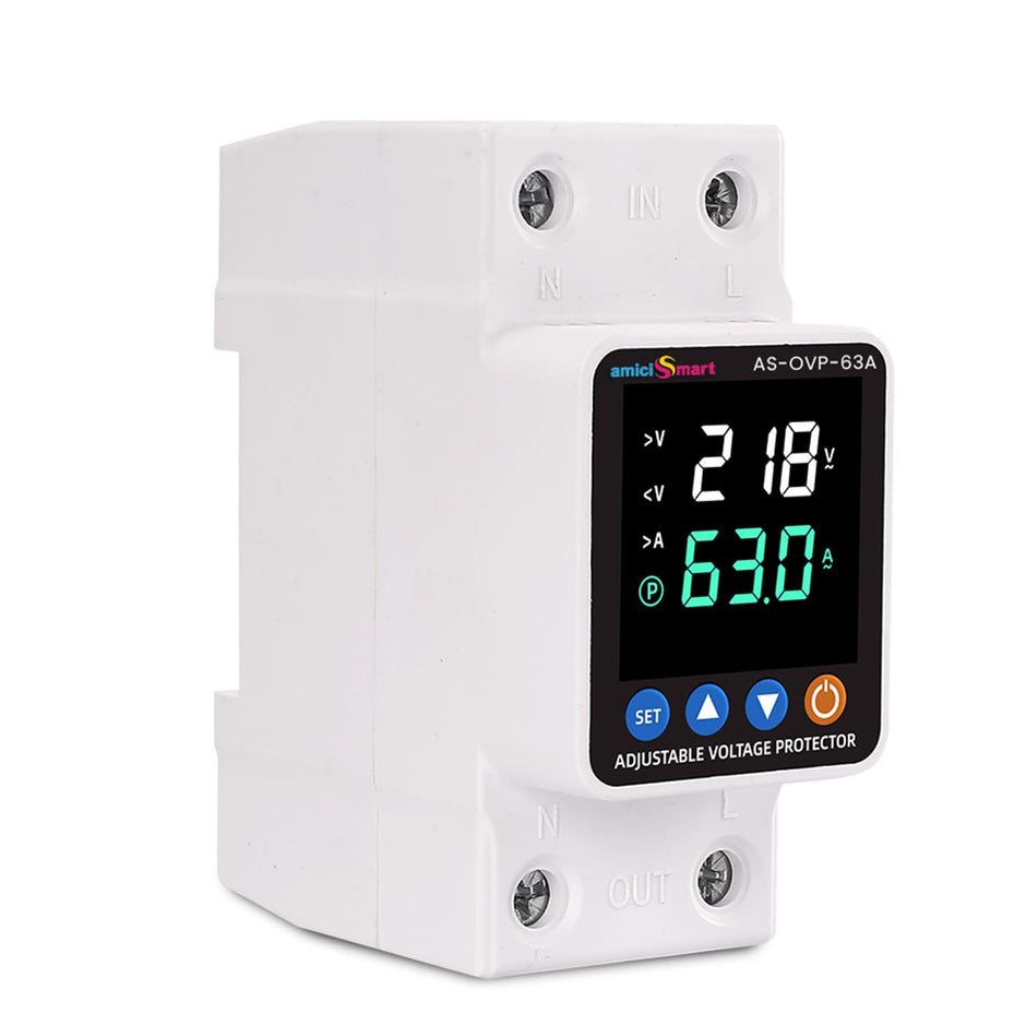 Automatic Over/Under Voltage and Overload Protection Device 63A DIN-Rail with LED Display Adjustable Reconnect & Auto Recovery