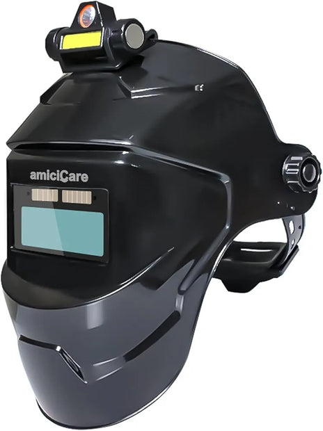amiciCare Solar-Powered Auto-Darkening Welding Helmet, Automatic Dimming Facemask for Welding Grinding with Rechargeable Torch for Day and Night Work
